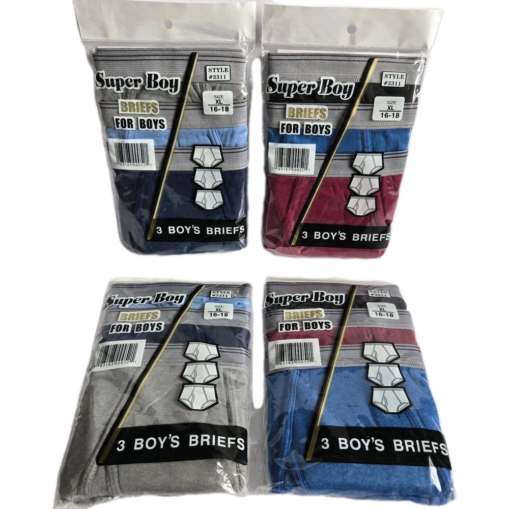 NEW Lot Of 4 3-packs Boys Briefs XL 16-18 Assorted Colors Underwear Super Boy